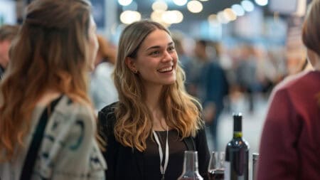 Elegant Saleswoman At Food And Wine Expo: Networking And Presentation Of Gourmet, Organic Products At Business Trade Fair